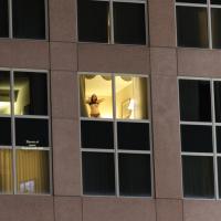 Open Hotel Window - Public Exhibitionist, Public Place, Brunette, Wife/wives