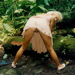 Pic #1 Peach Dress Upskirts - Pantieless Wives, Blonde, Outdoors, Bush Or Hairy, Amateur, Upskirt No Panties