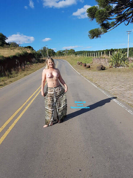 Pic #1 Naked On The Road - Big Tits, Blonde, Public Exhibitionist, Outdoors, Amateur