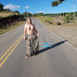 Pic #1 Naked On The Road - Big Tits, Blonde, Public Exhibitionist, Outdoors, Amateur