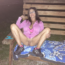 Camping fun  - Brunette, Legs Spread Wide Open, Outdoors, Pussy, Shaved, Pantieless Wives, Wife/wives