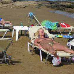 Mature Blonde Lady with Big Tits Topless at the beach